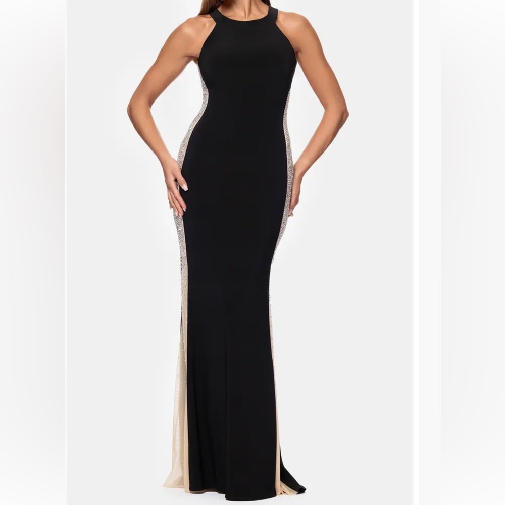 Xscape Black Maxi Halter Gown with Nude Mesh Side Panels